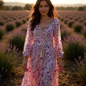 SUNDANCE Floral Sheer Tiered Maxi Dress Pink Purple Tassels Boho Womens Large